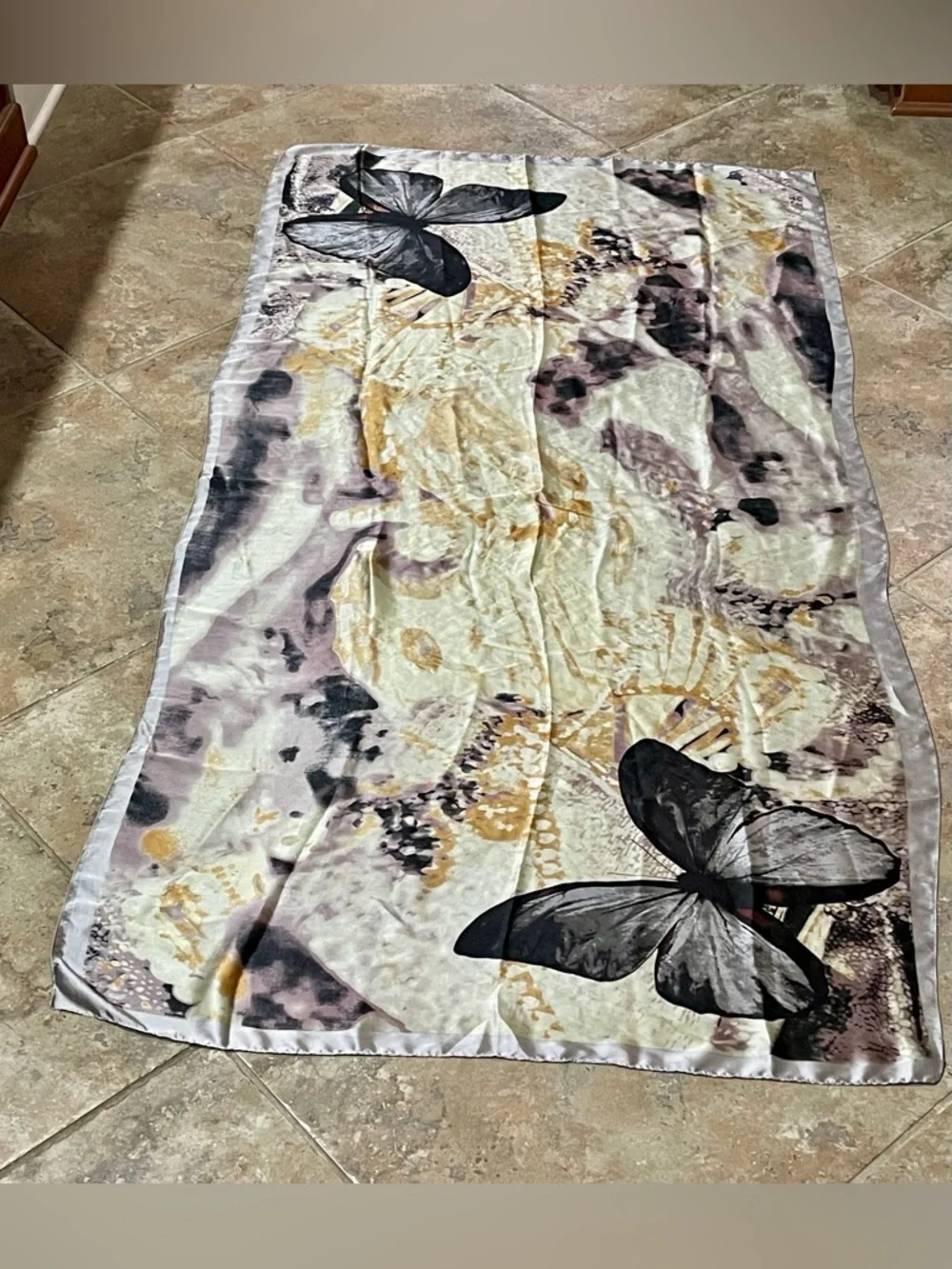 Large 100% Silk Butterfly Wrap Scarf Sarong in Gold Mauve Gray and Black 35x72